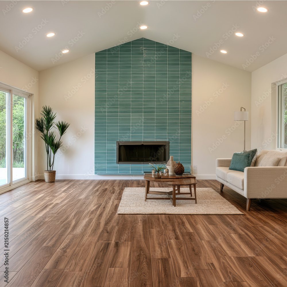 Fototapeta premium Warm cozy living room with brown wood floor, teal tile fireplace, modern sofa, coffee table, indoor plant, natural light