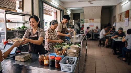 A candid scene inside a bustling Asian eatery, where staff expertly prepare and serve meals amidst the warm, inviting atmosphere of a local restaurant.