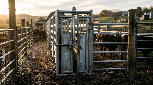 Metal cattle chute and livestock pens on a rural farm during sunset