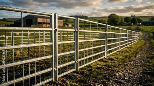 Metal farm gate enclosing a sheep pasture in the countryside at sunset