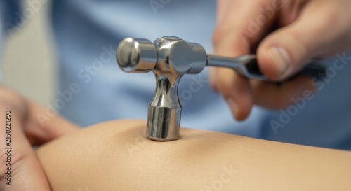 A doctor performs a neurological test by tapping a patient's patellar tendon with a reflex hammer to check reflexes, AI generated