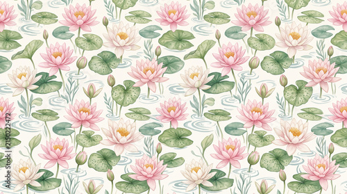 Seamless pattern featuring delicate pink and white water lilies on a light background surrounded by green lily pads and soft blue water ripples