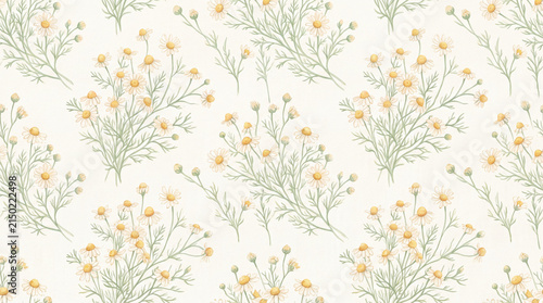 Seamless floral pattern featuring delicate yellow flowers and green stems on a light background