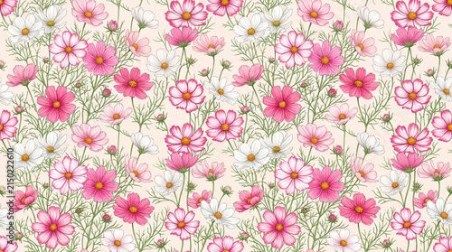 Seamless floral pattern featuring vibrant pink flowers and delicate green foliage on a soft cream background