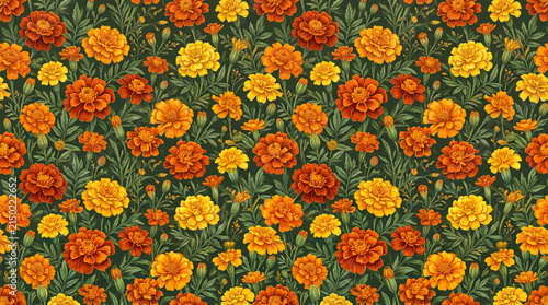 Seamless floral pattern featuring vibrant marigold flowers in shades of orange and yellow against a rich green background