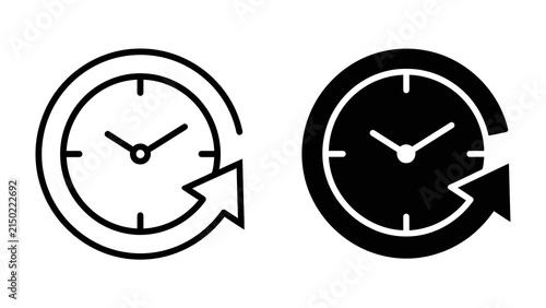 Foto Clock and Arrow Icons: Two minimalist icons depicting a clock face with a circular arrow, representing time, duration, or a cycle