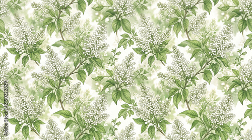 Seamless pattern featuring lush green leaves and delicate botanical elements on a light background