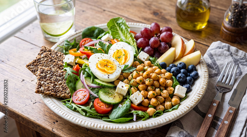 A colorful salad featuring chopped vegetables, chickpeas, eggs, cheese, and fresh fruit on a rustic wooden table