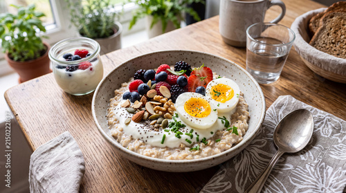 A nutritious breakfast bowl featuring oatmeal topped with fruits, nuts, and soft-boiled eggs, served in a cozy kitchen setting with natural light
