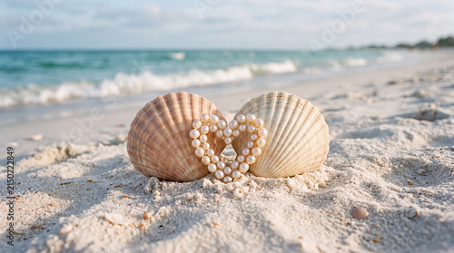 Pair of seashells forming a heart shape on sandy beach with ocean waves in the background under a clear sky