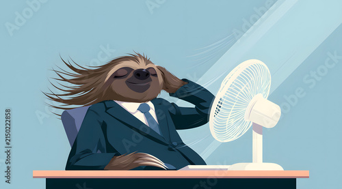 An amusing anthropomorphic sloth, wearing a business suit, sitting at a desk. It blissfully enjoys the coolness of a front-facing white desk fan. Its satisfied grin, closed eyelids, and flowing long f