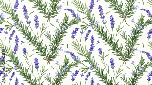 Seamless pattern featuring lavender flowers and green leaves on a light background, evoking a calming and floral atmosphere