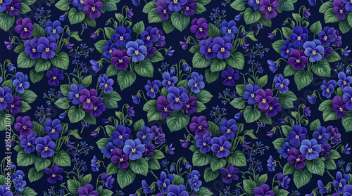 Vibrant floral pattern featuring purple and blue violets against a dark background, exuding a lush and natural atmosphere