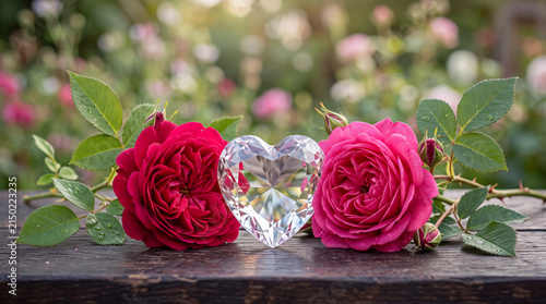 A sparkling crystal heart surrounded by vibrant pink roses on a rustic wooden table, creating a romantic and serene atmosphere