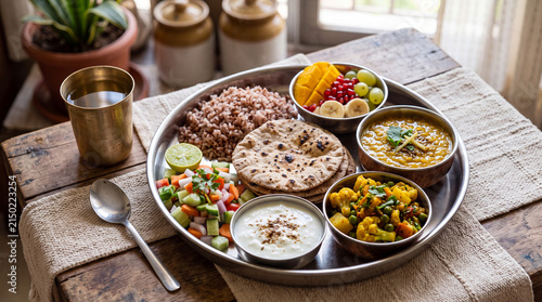 Traditional Indian meal served on a stainless steel platter featuring colorful dishes and fresh ingredients