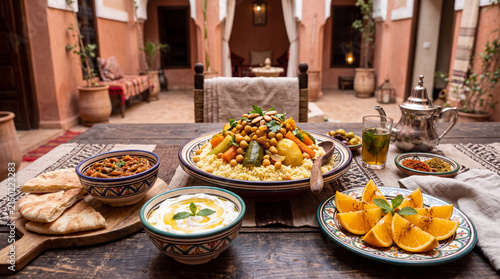 A traditional Moroccan meal featuring couscous and a variety of vegetables served on a dining table in an elegant courtyard