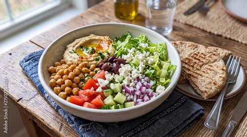 A vibrant Mediterranean bowl filled with fresh greens, chickpeas, tomatoes, cucumber, red onion, and pita bread, captured in natural light