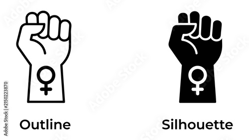 Canvas Print Feminist Power Symbol: Two graphic representations of a clenched fist, one an outline and the other a silhouette, both prominently featuring the Venus symbol of womanhood tattooed on the wrist