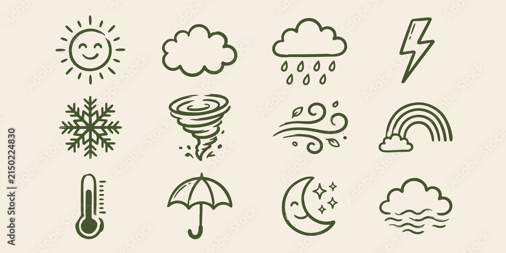 Obraz premium Set of hand drawn weather icons for meteorological forecast and climate design with climate change forecast symbols vector illustration icon weather element report meteorologica