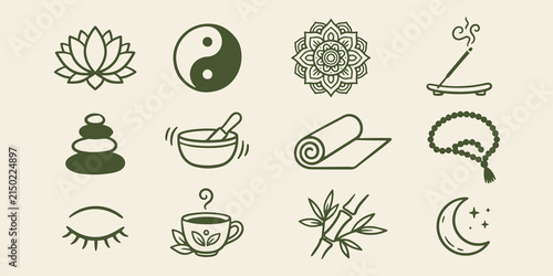 Obraz na plátne Zen and meditation mindfulness practice symbols set with meditation mindfulness