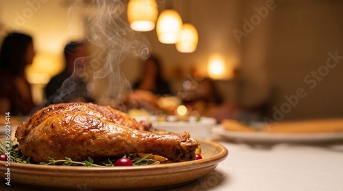 A steaming roasted chicken leg served on a platter during a festive family holiday dinner