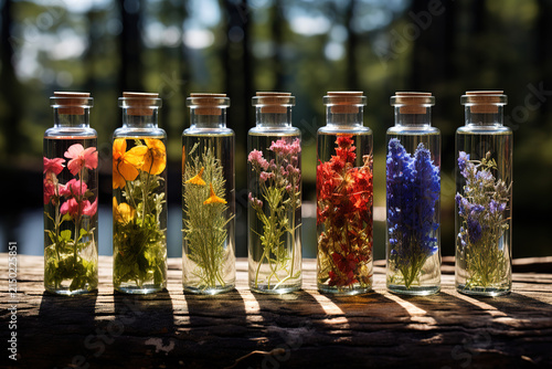 Incredible Aromatherapy small glass bottles with sprigs of flowers
