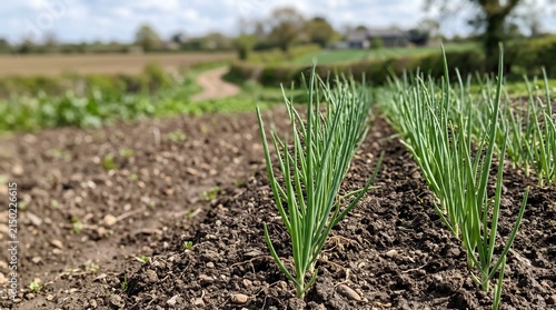 Young shallot and garlic plants growing in tilled farm soil, humble crop rows