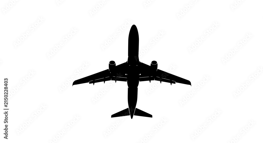 Fototapeta premium Airplane silhouette from top view isolated on white background. Minimalistic aircraft overhead concept for travel and aviation.