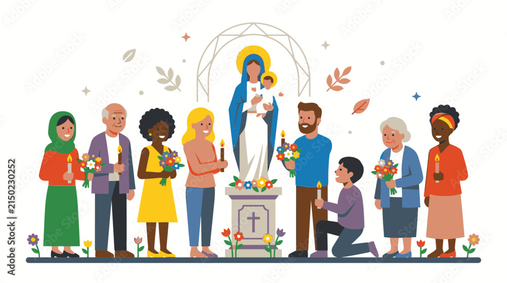 Fototapeta premium Diverse Group of People Gathered in Prayer and Devotion Celebrating Faith Together with Candles and Flowers Before a Sacred Virgin Mary Statue