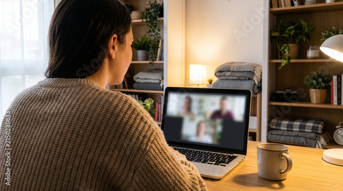 Remote Employee on Video Conference in Cozy Home Office Setup