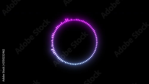 Simple animation of circular audio sound wave, voice spectrum, colorful bright multicolored lines waveform on black background.