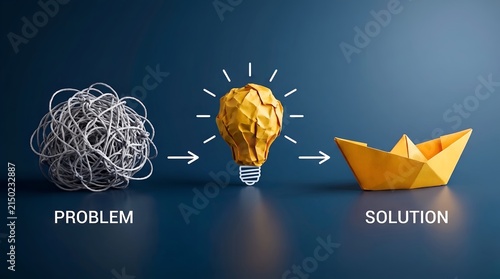 Problem solving framework showing tangled wire transforming into yellow lightbulb idea and leading to paper boat solution
