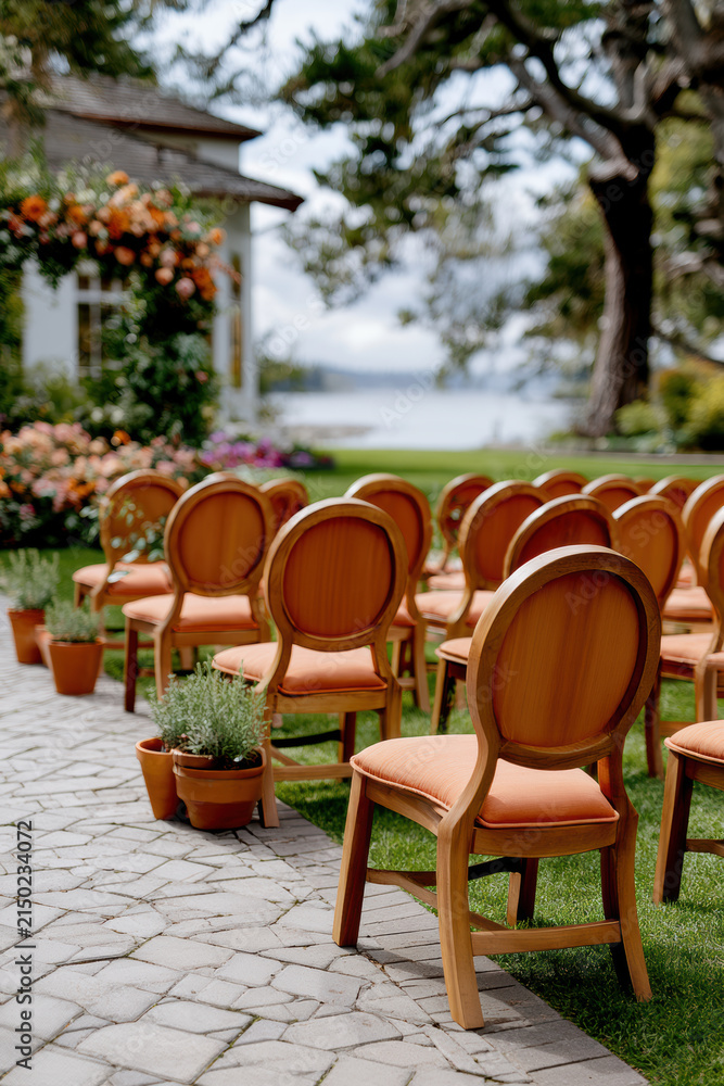 Obraz premium Outdoor wedding ceremony sage green terracotta chair floral arrangement garden aisle potted plant elegant romantic seating