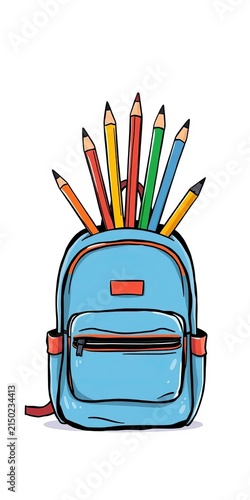 Hand drawn icon of a backpack with pens and pencils sticking out, school supplies, line drawings