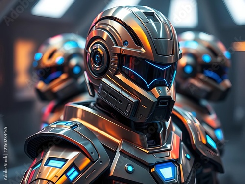High-tech space armor with gleaming metallic surfaces and glowing blue accents, armor, ||space