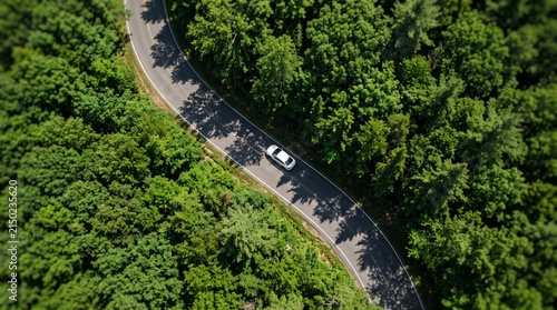 Aerial drone view of a lone silver car driving on a winding paved road surrounded by a dense, vibrant green forest canopy during a sunny summer day, showcasing a scenic rural driving experience