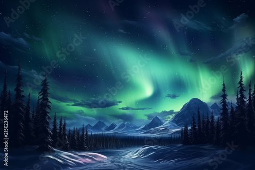 Amazing Magic Christmas trees forest in winter with northern lights
