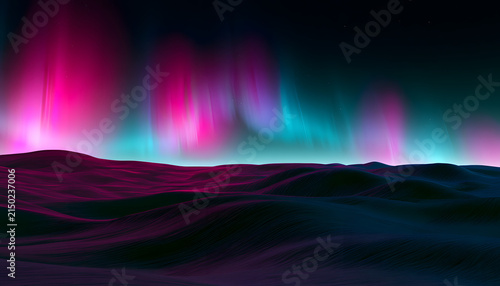 A surreal scene featuring the aurora borealis above rolling sand dunes. The sky, a blend of pink, purple, and teal, resembles a desert-like horizon. This abstract backdrop would be perfect for sci-fi 