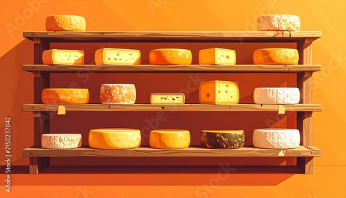 Assorted Cheese Wheels Displayed on Wooden Shelves.