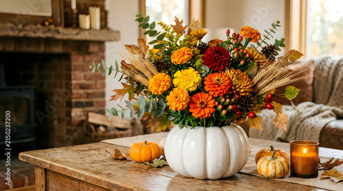 Beautiful autumn flower arrangement in a white pumpkin vase sitting on a rustic wooden coffee table