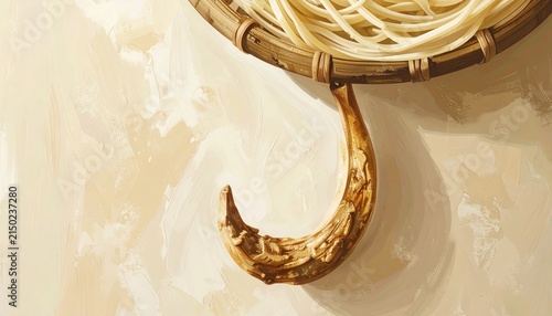 Rustic wooden hook with coiled rope on beige wall.