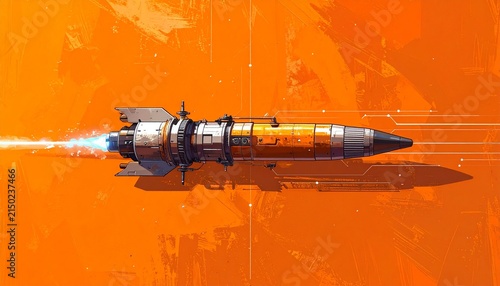 Futuristic Rocket Ship Launching in Vibrant Orange Space.