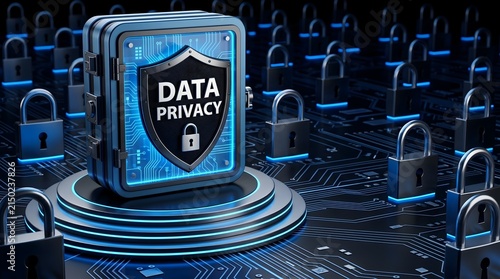 Corporate data privacy vault showing secure digital padlock shield on glowing blue network circuit motherboard