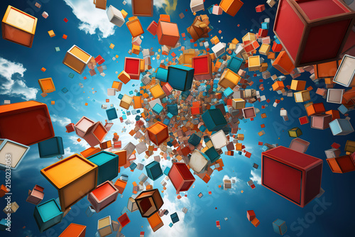 Excellent Falling cardboard boxes on blue sky background 3D Rendering