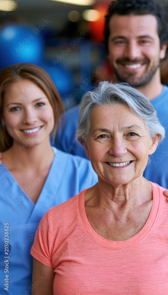 Fototapeta premium Elderly woman smiling with nurse and physical therapist after successful rehabilitation session