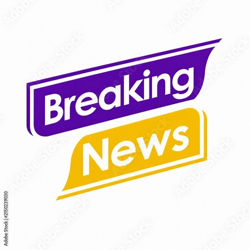 Breaking news banner with bold purple and yellow color scheme