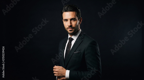 High-end portrait of stylish man in dark suit, black background, luxury branding look
