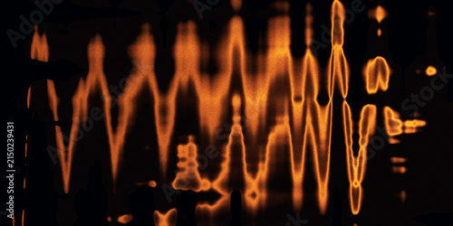 Abstract glowing orange sound wave distortion texture on black background