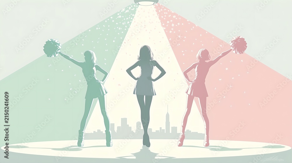 Obraz premium Three cheerleaders silhouettes in dynamic poses with spotlights, sports cheerleading themed banner