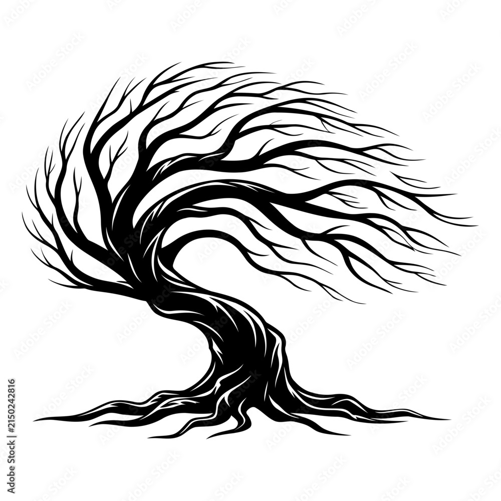 Fototapeta premium Black silhouette of a twisted leafless tree bending in the wind isolated on a white background